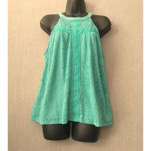 Teal Eyelet Lace Halter Top M Lined Keyhole Neck Fairycore Cottagecore Boho Y2K